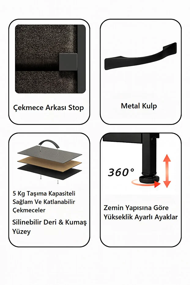 4 Çekmeceli 4 Raflı Kitaplık Çalışma Odası Düzenleyici Metal Kitaplık Deri Çekmeceli Kitaplık Antrasit
